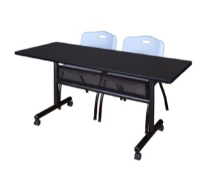 60" x 24" Flip Top Mobile Training Table with Modesty Panel - Mocha Walnut and 2 "M" Stack Chairs - Grey