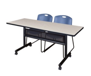 60" x 24" Flip Top Mobile Training Table with Modesty Panel - Maple and 2 Zeng Stack Chairs - Blue