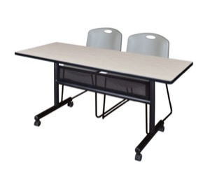 60" x 24" Flip Top Mobile Training Table with Modesty Panel - Maple and 2 Zeng Stack Chairs - Grey