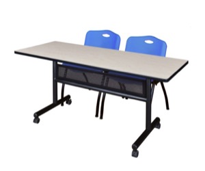 60" x 24" Flip Top Mobile Training Table with Modesty Panel - Maple and 2 "M" Stack Chairs - Blue