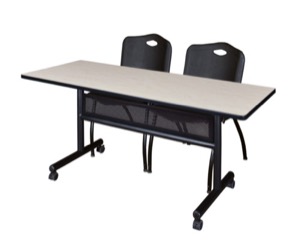 60" x 24" Flip Top Mobile Training Table with Modesty Panel - Maple and 2 "M" Stack Chairs - Black