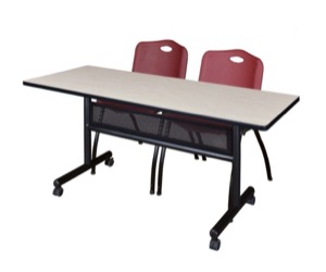 60" x 24" Flip Top Mobile Training Table with Modesty Panel - Maple and 2 "M" Stack Chairs - Burgundy