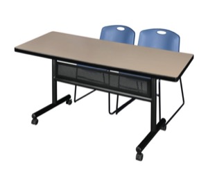 60" x 30" Flip Top Mobile Training Table with Modesty Panel - Beige and 2 Zeng Stack Chairs - Blue