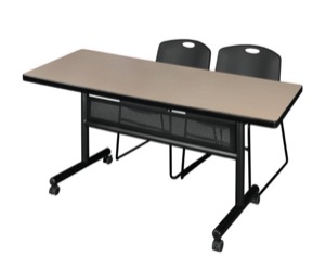 60" x 30" Flip Top Mobile Training Table with Modesty Panel - Beige and 2 Zeng Stack Chairs - Black