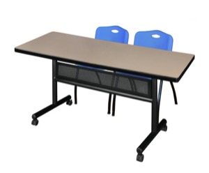 60" x 30" Flip Top Mobile Training Table with Modesty Panel - Beige and 2 "M" Stack Chairs - Blue
