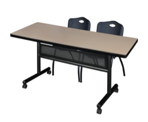 60" x 30" Flip Top Mobile Training Table with Modesty Panel - Beige and 2 "M" Stack Chairs - Black