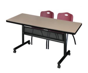 60" x 30" Flip Top Mobile Training Table with Modesty Panel - Beige and 2 "M" Stack Chairs - Burgundy