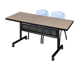 60" x 30" Flip Top Mobile Training Table with Modesty Panel - Beige and 2 "M" Stack Chairs - Grey