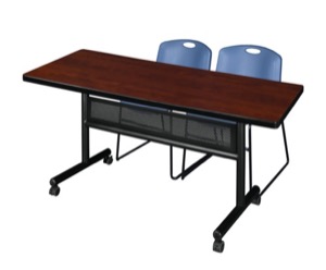 60" x 30" Flip Top Mobile Training Table with Modesty Panel - Cherry and 2 Zeng Stack Chairs - Blue