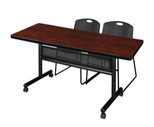 60" x 30" Flip Top Mobile Training Table with Modesty Panel - Cherry and 2 Zeng Stack Chairs - Black