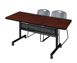 60" x 30" Flip Top Mobile Training Table with Modesty Panel - Cherry and 2 Zeng Stack Chairs - Grey