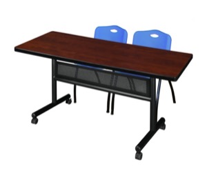 60" x 30" Flip Top Mobile Training Table with Modesty Panel - Cherry and 2 "M" Stack Chairs - Blue