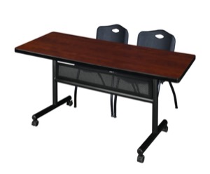 60" x 30" Flip Top Mobile Training Table with Modesty Panel - Cherry and 2 "M" Stack Chairs - Black