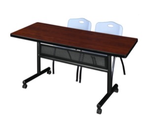 60" x 30" Flip Top Mobile Training Table with Modesty Panel - Cherry and 2 "M" Stack Chairs - Grey