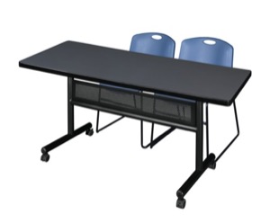 60" x 30" Flip Top Mobile Training Table with Modesty Panel - Grey and 2 Zeng Stack Chairs - Blue