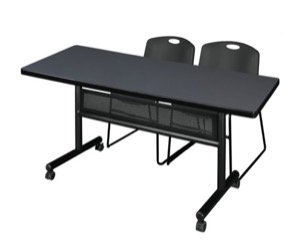 60" x 30" Flip Top Mobile Training Table with Modesty Panel - Grey and 2 Zeng Stack Chairs - Black