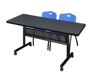 60" x 30" Flip Top Mobile Training Table with Modesty Panel - Grey and 2 "M" Stack Chairs - Blue