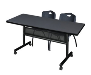 60" x 30" Flip Top Mobile Training Table with Modesty Panel - Grey and 2 "M" Stack Chairs - Black