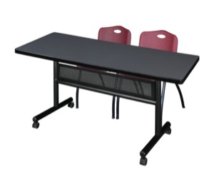 60" x 30" Flip Top Mobile Training Table with Modesty Panel - Grey and 2 "M" Stack Chairs - Burgundy