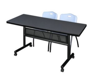 60" x 30" Flip Top Mobile Training Table with Modesty Panel - Grey and 2 "M" Stack Chairs - Grey