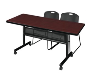 60" x 30" Flip Top Mobile Training Table with Modesty Panel - Mahogany and 2 Zeng Stack Chairs - Black