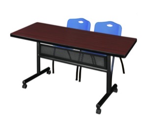 60" x 30" Flip Top Mobile Training Table with Modesty Panel - Mahogany and 2 "M" Stack Chairs - Blue
