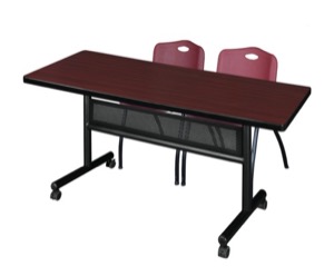 60" x 30" Flip Top Mobile Training Table with Modesty Panel - Mahogany and 2 "M" Stack Chairs - Burgundy