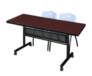 60" x 30" Flip Top Mobile Training Table with Modesty Panel - Mahogany and 2 "M" Stack Chairs - Grey