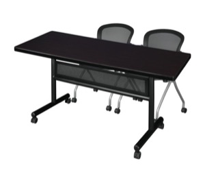 60" x 30" Flip Top Mobile Training Table with Modesty Panel - Mocha Walnut and 2 Cadence Nesting Chairs