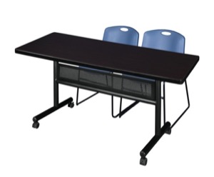 60" x 30" Flip Top Mobile Training Table with Modesty Panel - Mocha Walnut and 2 Zeng Stack Chairs - Blue