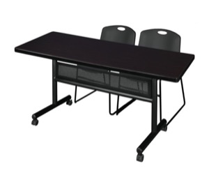 60" x 30" Flip Top Mobile Training Table with Modesty Panel - Mocha Walnut and 2 Zeng Stack Chairs - Black