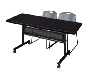 60" x 30" Flip Top Mobile Training Table with Modesty Panel - Mocha Walnut and 2 Zeng Stack Chairs - Grey