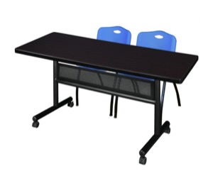 60" x 30" Flip Top Mobile Training Table with Modesty Panel - Mocha Walnut and 2 "M" Stack Chairs - Blue