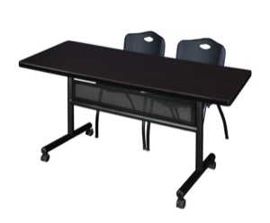 60" x 30" Flip Top Mobile Training Table with Modesty Panel - Mocha Walnut and 2 "M" Stack Chairs - Black