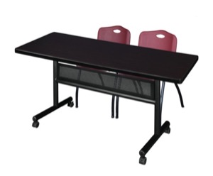 60" x 30" Flip Top Mobile Training Table with Modesty Panel - Mocha Walnut and 2 "M" Stack Chairs - Burgundy