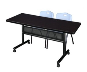 60" x 30" Flip Top Mobile Training Table with Modesty Panel - Mocha Walnut and 2 "M" Stack Chairs - Grey