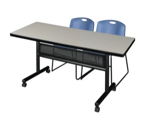 60" x 30" Flip Top Mobile Training Table with Modesty Panel - Maple and 2 Zeng Stack Chairs - Blue