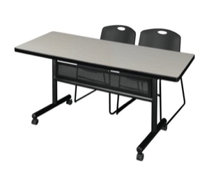 60" x 30" Flip Top Mobile Training Table with Modesty Panel - Maple and 2 Zeng Stack Chairs - Black
