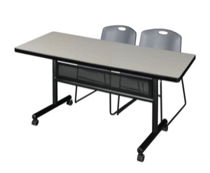60" x 30" Flip Top Mobile Training Table with Modesty Panel - Maple and 2 Zeng Stack Chairs - Grey