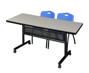 60" x 30" Flip Top Mobile Training Table with Modesty Panel - Maple and 2 "M" Stack Chairs - Blue