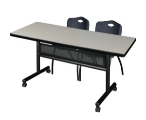 60" x 30" Flip Top Mobile Training Table with Modesty Panel - Maple and 2 "M" Stack Chairs - Black