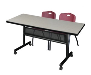 60" x 30" Flip Top Mobile Training Table with Modesty Panel - Maple and 2 "M" Stack Chairs - Burgundy