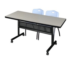 60" x 30" Flip Top Mobile Training Table with Modesty Panel - Maple and 2 "M" Stack Chairs - Grey