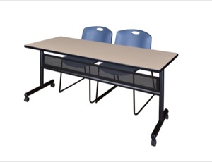 72" x 24" Flip Top Mobile Training Table with Modesty Panel - Beige and 2 Zeng Stack Chairs - Blue