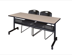 72" x 24" Flip Top Mobile Training Table with Modesty Panel - Beige and 2 Zeng Stack Chairs - Black