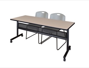 72" x 24" Flip Top Mobile Training Table with Modesty Panel - Beige and 2 Zeng Stack Chairs - Grey