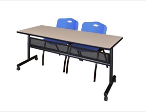 72" x 24" Flip Top Mobile Training Table with Modesty Panel - Beige and 2 "M" Stack Chairs - Blue