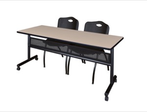 72" x 24" Flip Top Mobile Training Table with Modesty Panel - Beige and 2 "M" Stack Chairs - Black