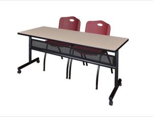 72" x 24" Flip Top Mobile Training Table with Modesty Panel - Beige and 2 "M" Stack Chairs - Burgundy