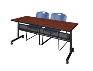 72" x 24" Flip Top Mobile Training Table with Modesty Panel - Cherry and 2 Zeng Stack Chairs - Blue